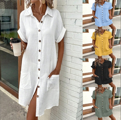 🔥Vente chaude🔥Robe chemise boutonnée à manches courtes et à poches pour femmes