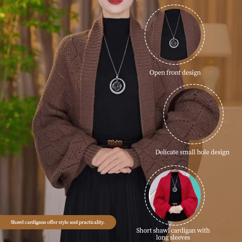 Cardigan-châle Tricoté Élégant à Motifs Ajourés pour Femmes