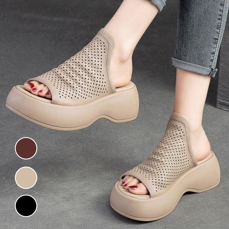 Pantoufles en Cuir Respirantes et Creuses pour Femmes
