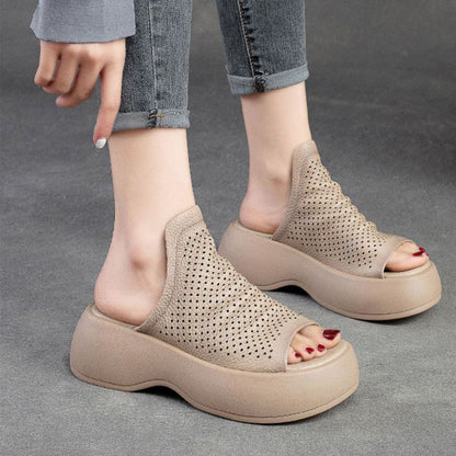 Pantoufles en Cuir Respirantes et Creuses pour Femmes