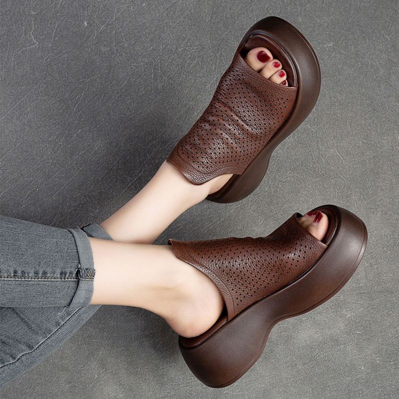 Pantoufles en Cuir Respirantes et Creuses pour Femmes
