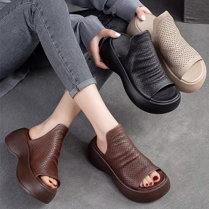 Pantoufles en Cuir Respirantes et Creuses pour Femmes