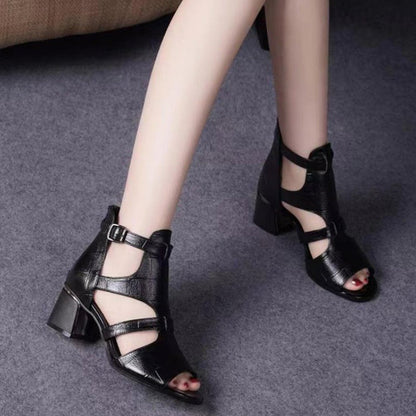👡[35-40] 2024 Sandalias romanas de tacón grueso de suela blanda de cuero suave con boca de pez de tacón abierto