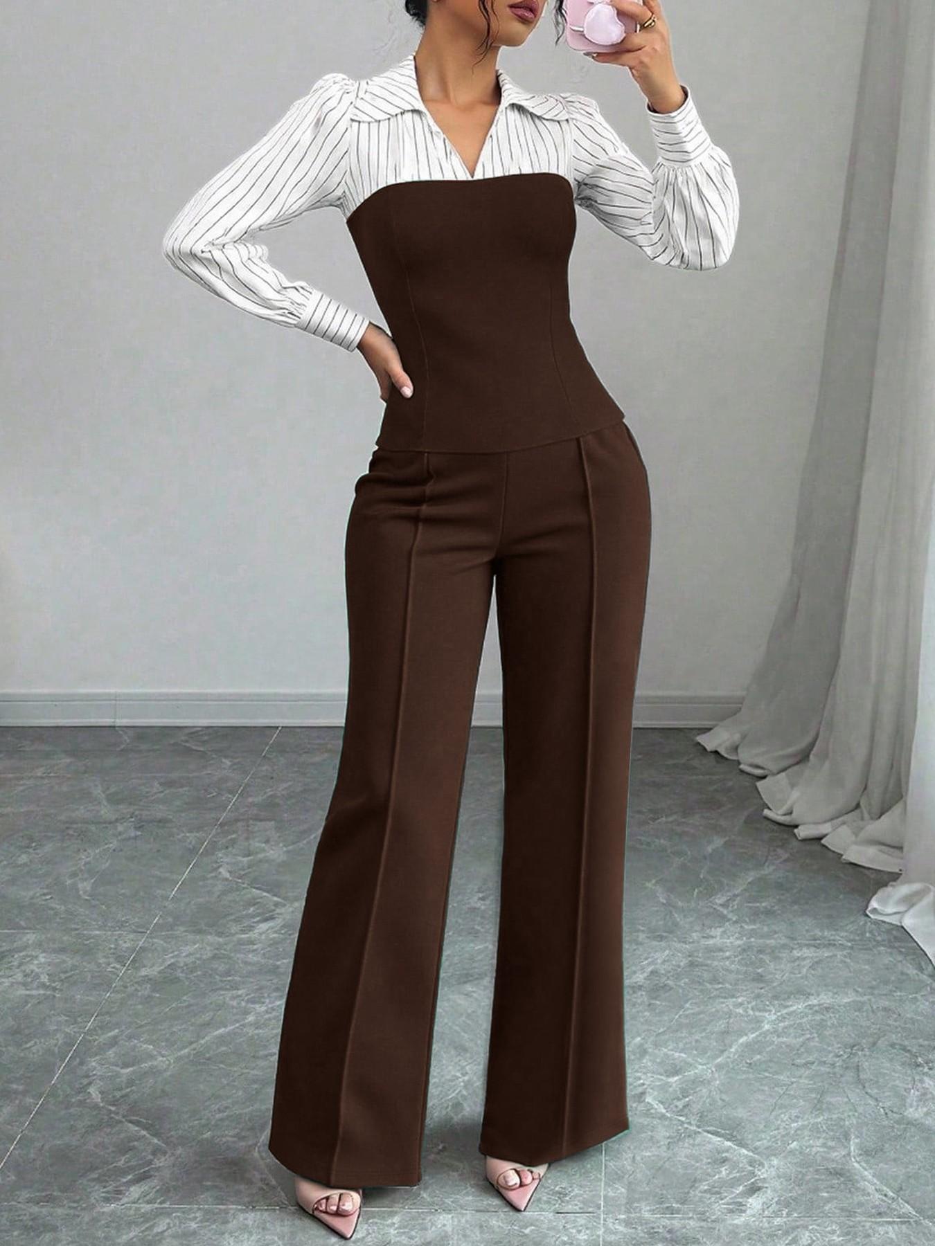 Ensemble femme élégant blouse rayée à col V et pantalon large