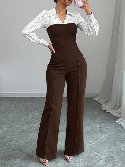 Ensemble femme élégant blouse rayée à col V et pantalon large