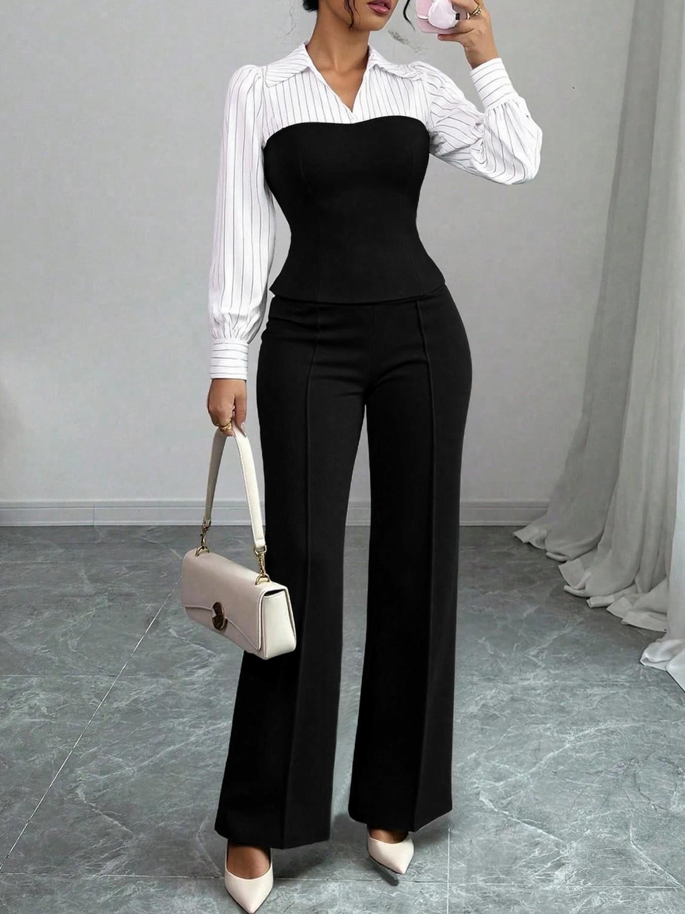 Ensemble femme élégant blouse rayée à col V et pantalon large