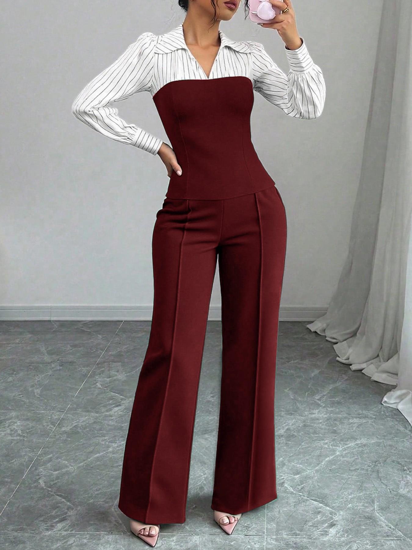 Ensemble femme élégant blouse rayée à col V et pantalon large