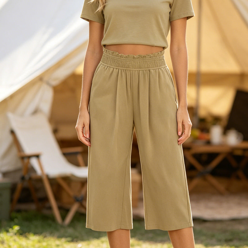 ⏰Pantalon Capri Femme Taille Haute À Jambe Large en Lin Élastique Smocké