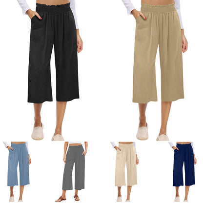 ⏰Pantalon Capri Femme Taille Haute À Jambe Large en Lin Élastique Smocké