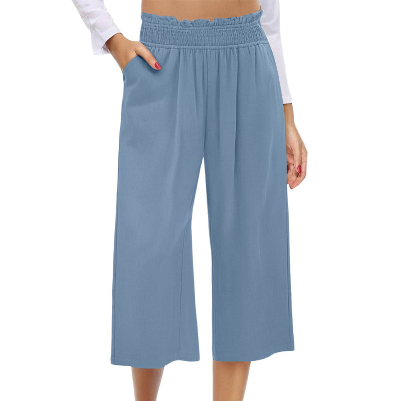 ⏰Pantalon Capri Femme Taille Haute À Jambe Large en Lin Élastique Smocké
