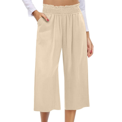⏰Pantalon Capri Femme Taille Haute À Jambe Large en Lin Élastique Smocké
