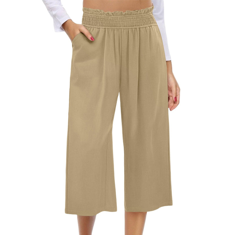 ⏰Pantalon Capri Femme Taille Haute À Jambe Large en Lin Élastique Smocké