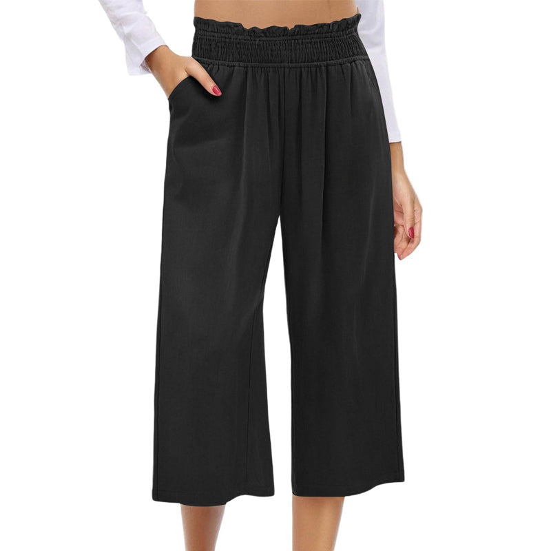 ⏰Pantalon Capri Femme Taille Haute À Jambe Large en Lin Élastique Smocké