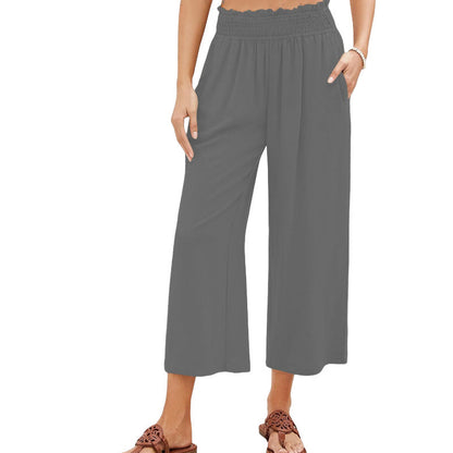 ⏰Pantalon Capri Femme Taille Haute À Jambe Large en Lin Élastique Smocké
