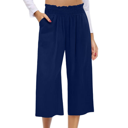 ⏰Pantalon Capri Femme Taille Haute À Jambe Large en Lin Élastique Smocké
