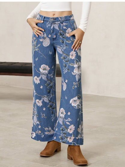 Jean femme cropped à coupe large et imprimé floral