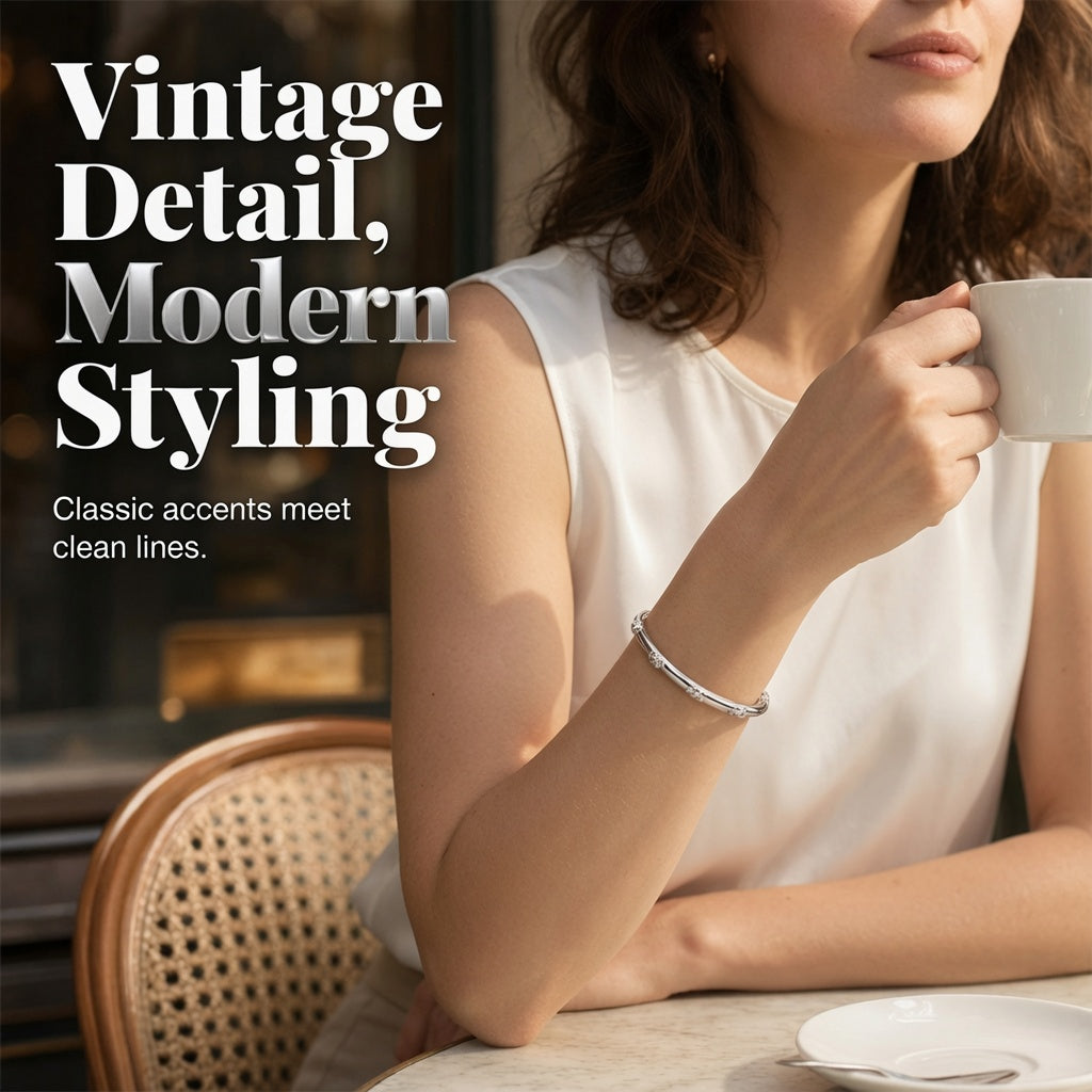 ⌛Offre à durée limitée – Bracelet rigide vintage à motif floral argenté