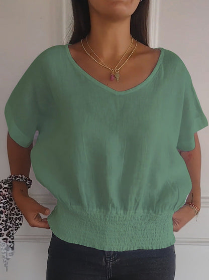 T-shirt simple à manches mi-longues et col en V de couleur unie