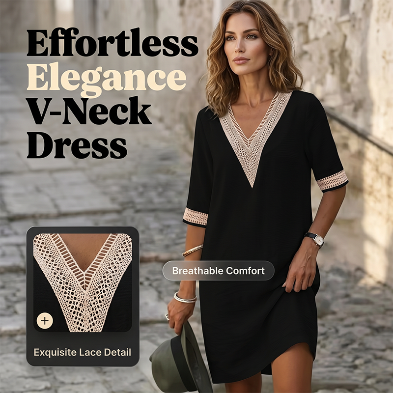 Robe en coton-lin à encolure en V et bordure en dentelle