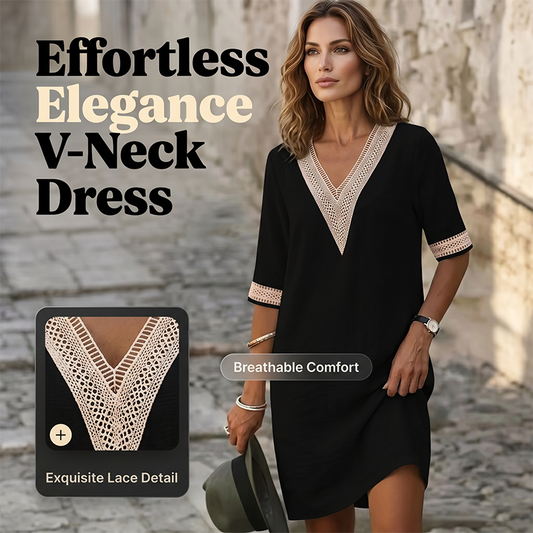 Robe en coton-lin à encolure en V et bordure en dentelle