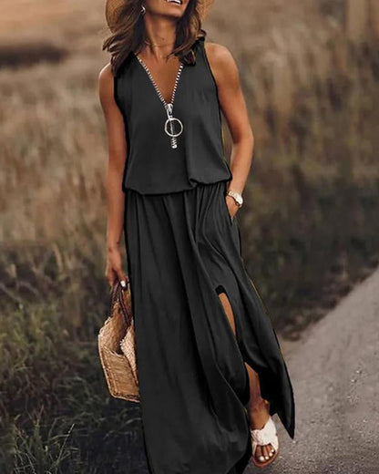⏰50% de réduction pour une durée limitée🔥Robe simple avec fermeture éclair et fente
