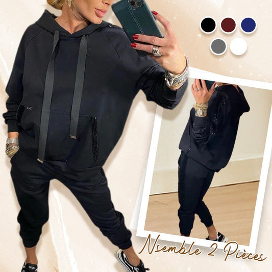 🌷Ensemble 2 pièces de hauts à capuche avec cordon de serrage pour femmes & pantalons💞