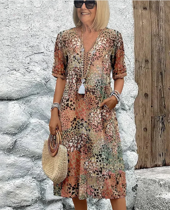 ⏳49% de réduction pour une durée limitée 🎁Robe midi à col en V imprimée Vivid pour femmes
