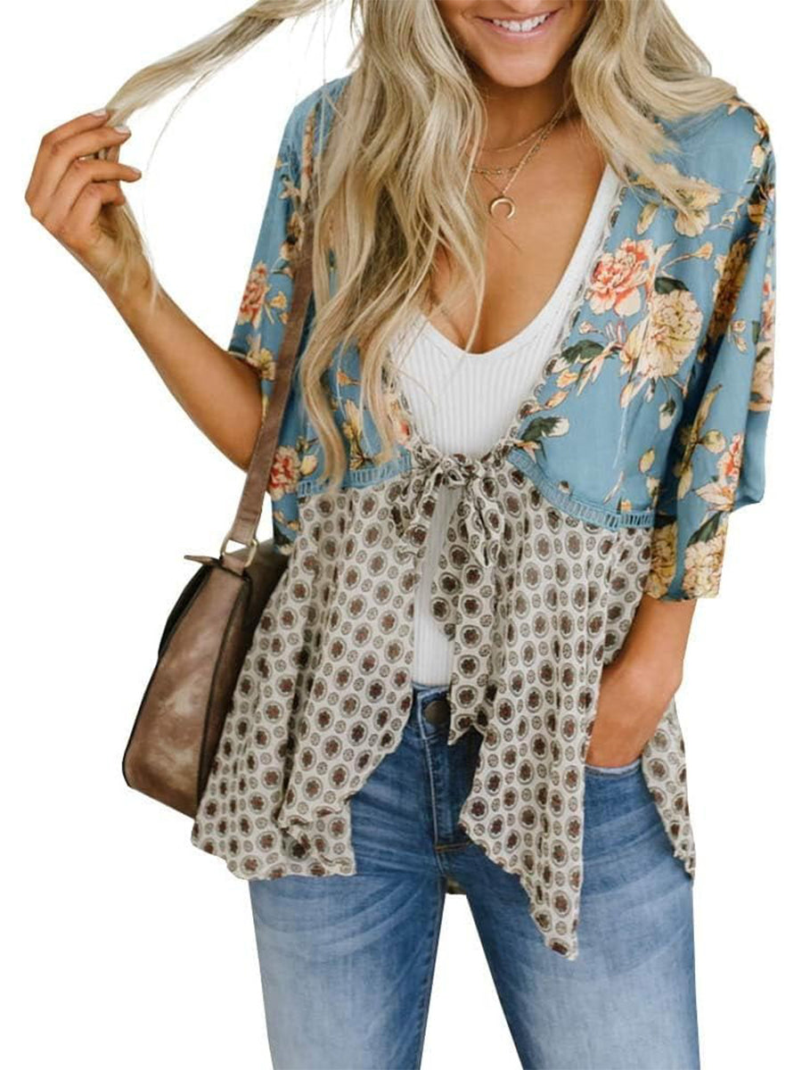 Cardigan pour Femme à Motif Floral avec Manches à Volants et Nœud