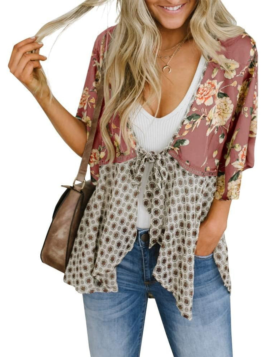 Cardigan pour Femme à Motif Floral avec Manches à Volants et Nœud