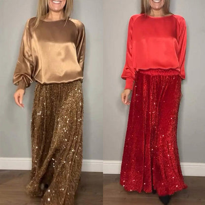 ✨Ensemble en coton mercerisé de haute qualité✨Ensemble deux pièces pour femme composé d'un haut à manches longues et d'une jupe longue à sequins.