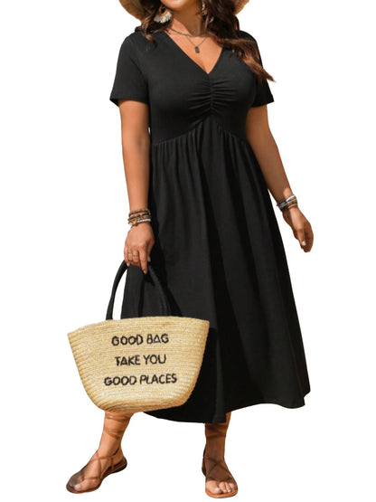 Robe midi grande taille à col V avec volants et manches courtes