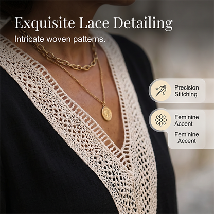 Robe en coton-lin à encolure en V et bordure en dentelle