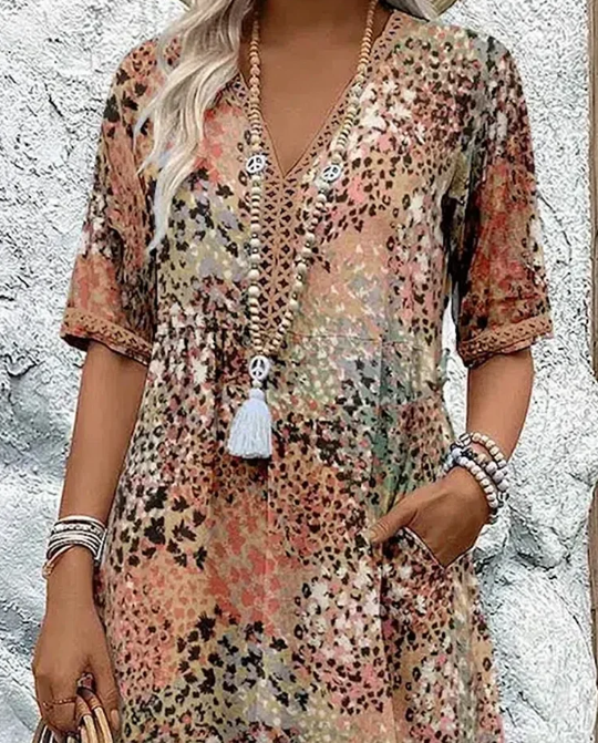 ⏳49% de réduction pour une durée limitée 🎁Robe midi à col en V imprimée Vivid pour femmes