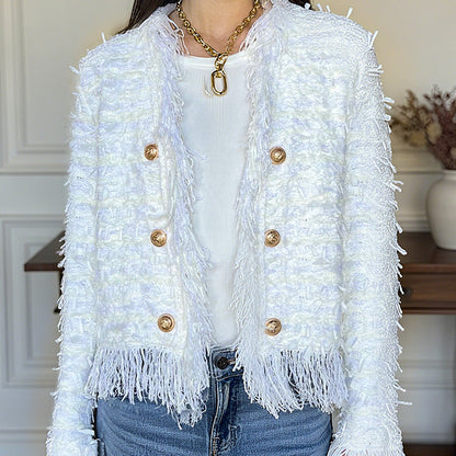 Manteau court à boutons et pompons pour femme 💼 – Élégance et boutons, idéal pour le bureau et les occasions décontractées 👠