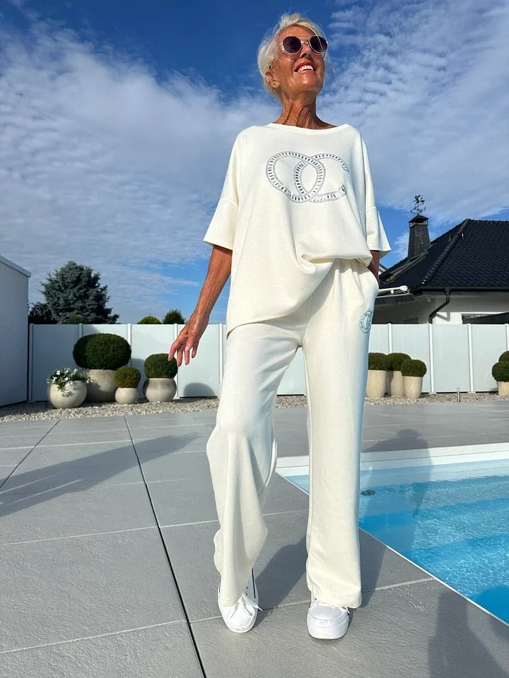 ⏳Offre limitée ! ⏰Ensemble deux pièces décontracté pour femmes, haut uni et pantalon ample