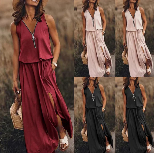 ⏰50% de réduction pour une durée limitée🔥Robe simple avec fermeture éclair et fente
