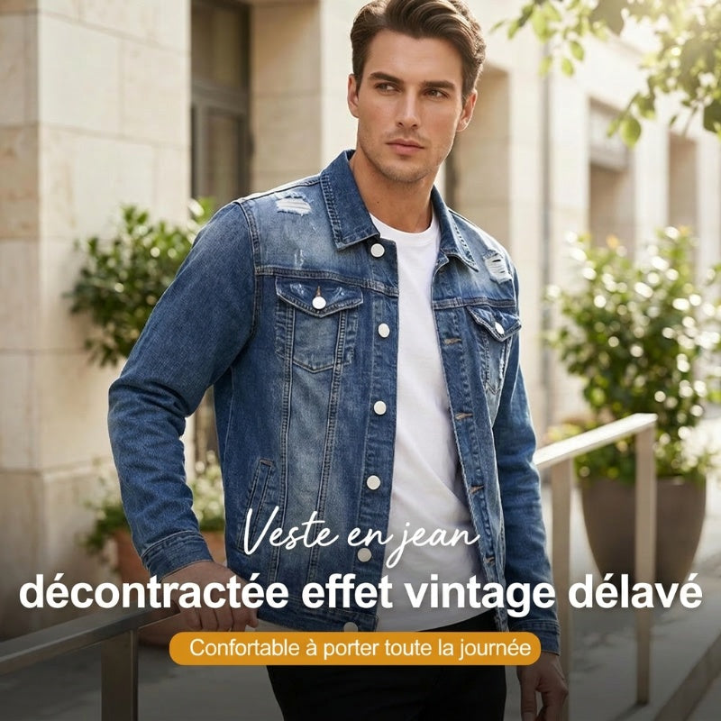 🧥 50% DE RÉDUCTION MAINTENANT ! 👖 Veste en jean délavé vintage pour homme décontractée – Design intemporel, tissu durable et poches fonctionnelles ✨