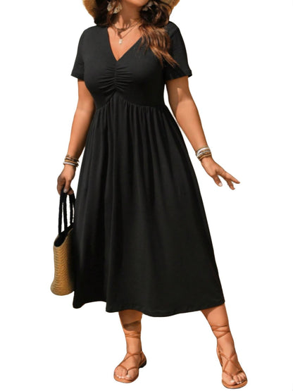 Robe midi grande taille à col V avec volants et manches courtes