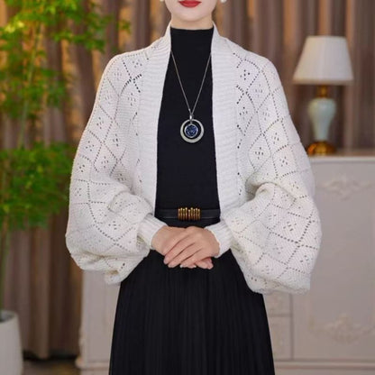 Cardigan-châle Tricoté Élégant à Motifs Ajourés pour Femmes