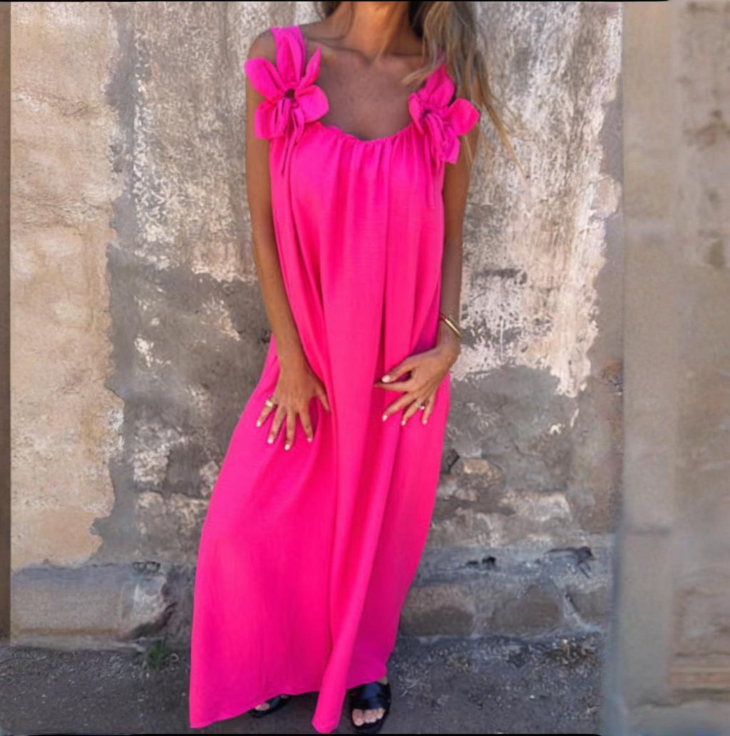💕Robe de couleur unie pour femme avec motif floral et encolure en U