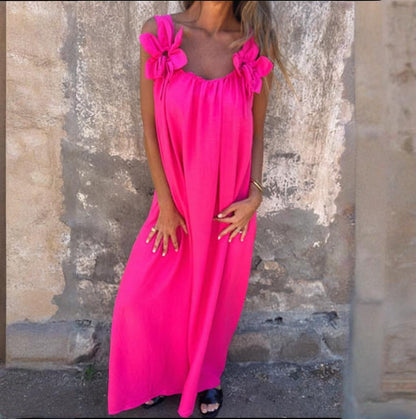 💕Robe de couleur unie pour femme avec motif floral et encolure en U