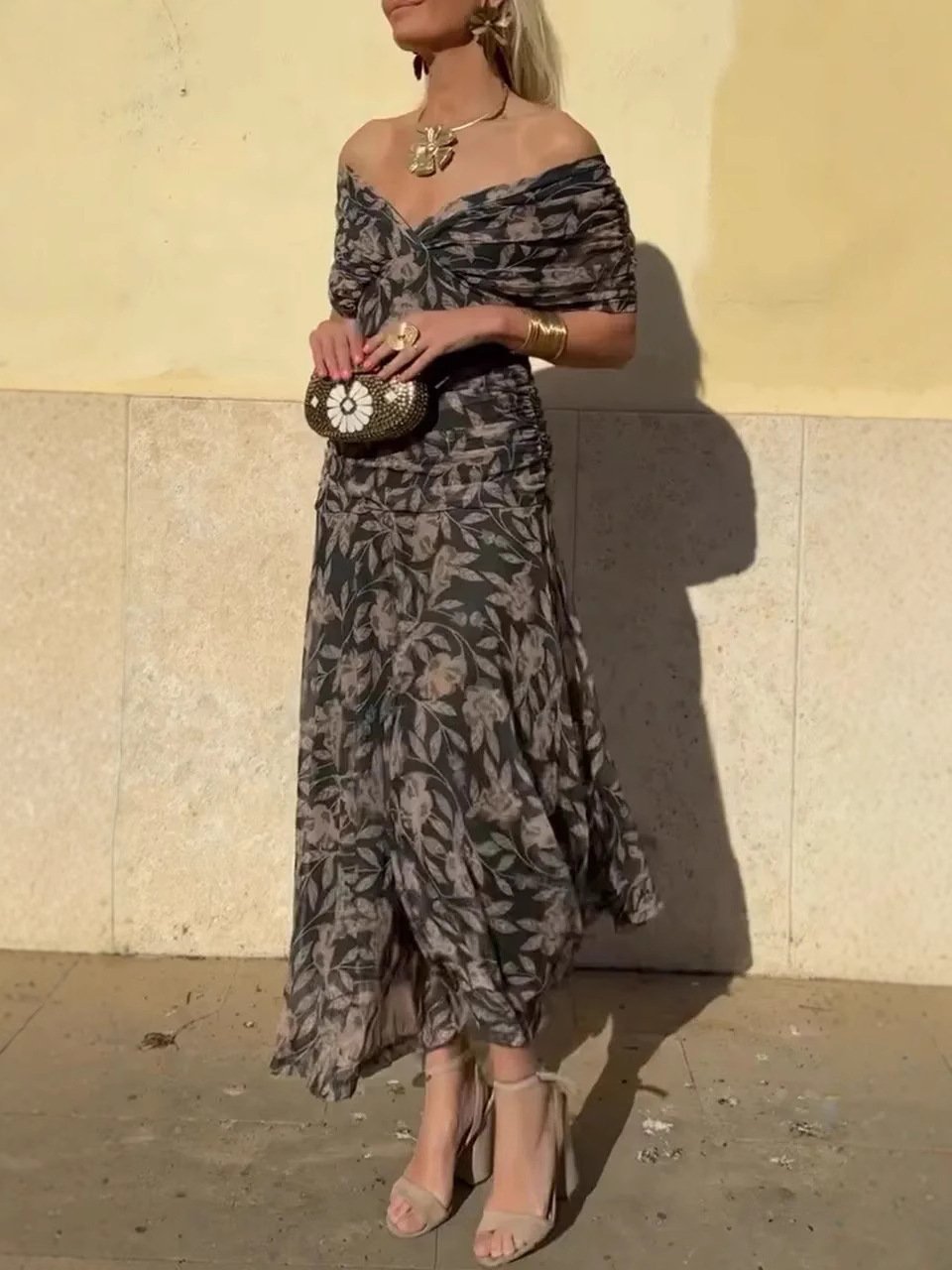 🎁  Vente chaude 49% de réduction 🔥 Robe imprimée à col V hors épaule pour femmes