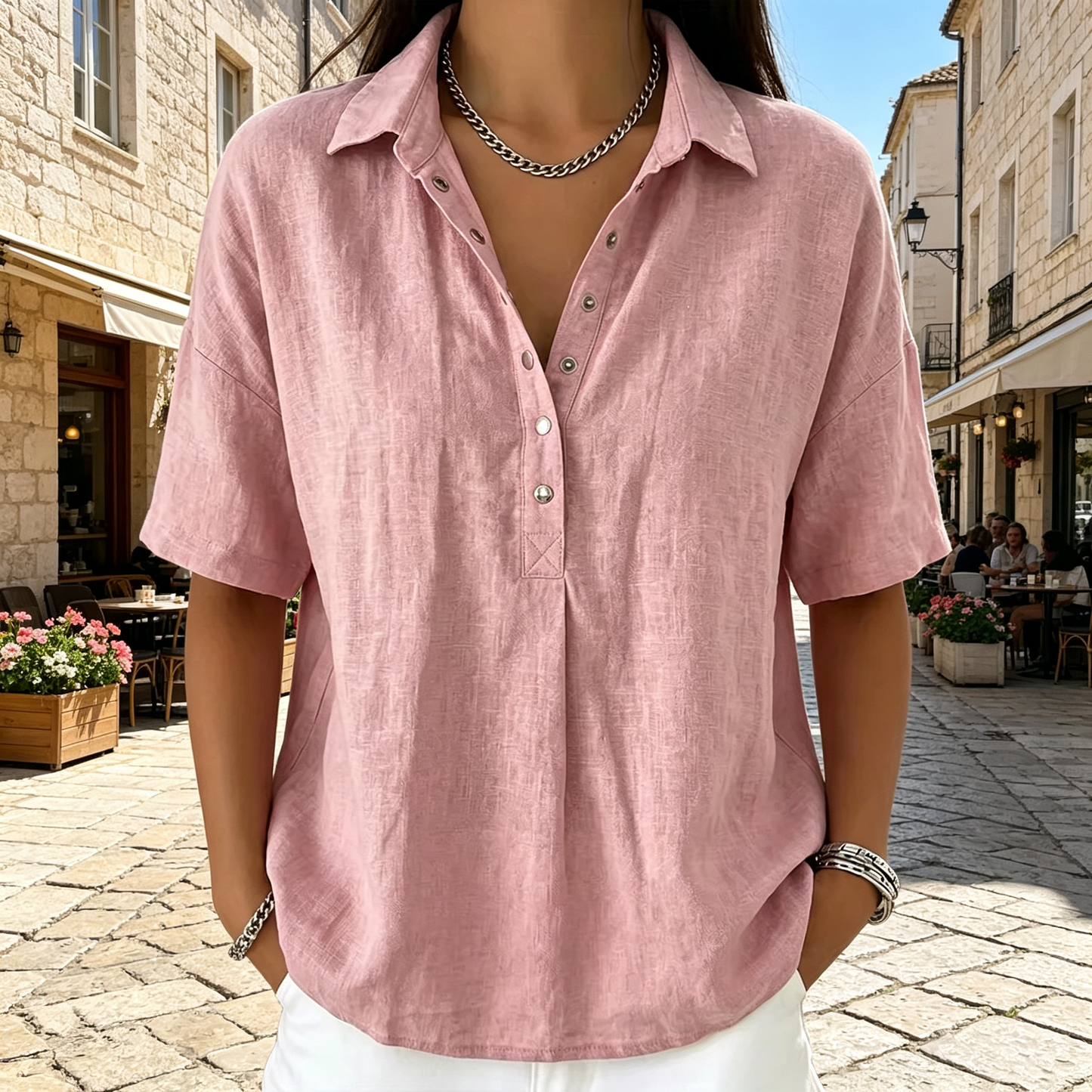 Chemise en lin à manches courtes pour femme
