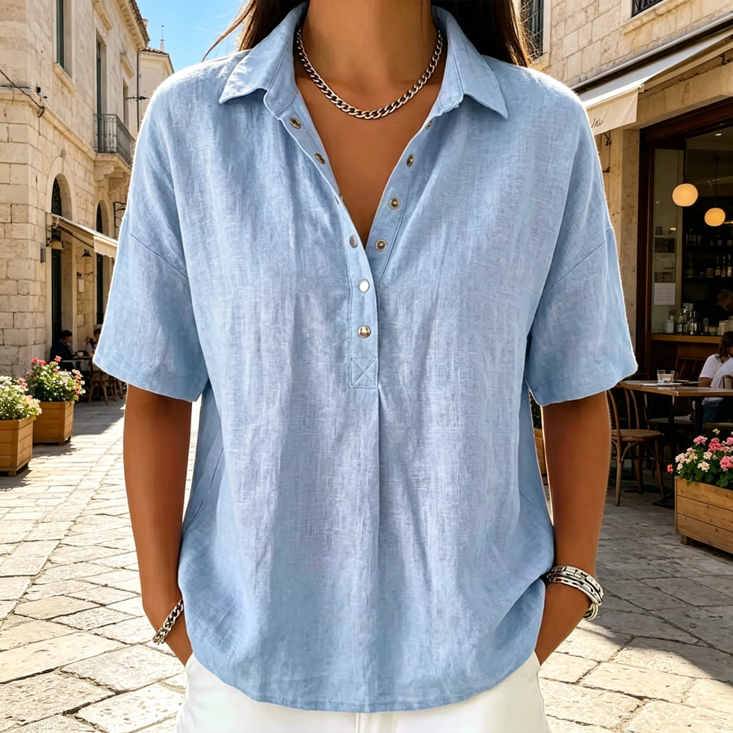 Chemise en lin à manches courtes pour femme