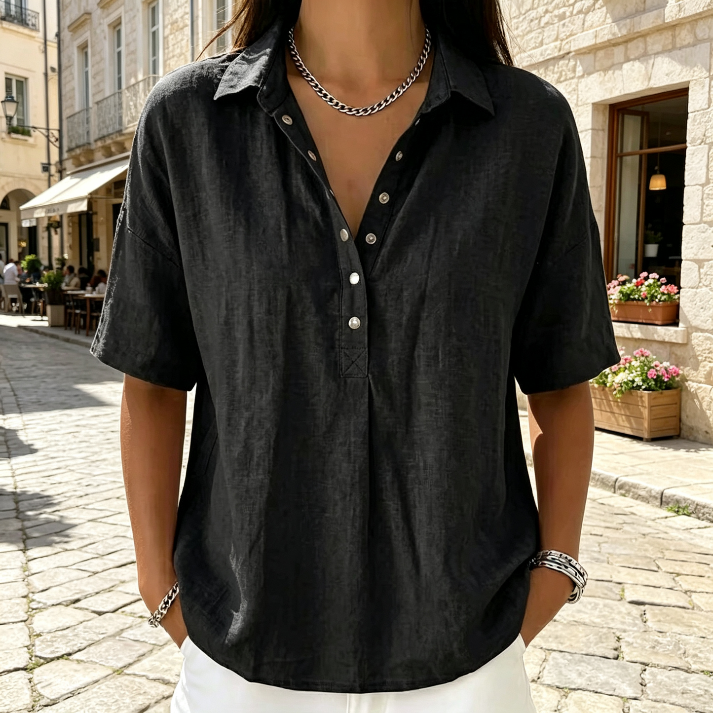 Chemise en lin à manches courtes pour femme