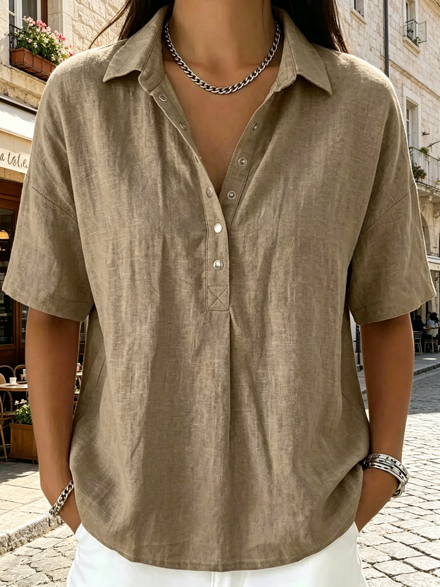 Chemise en lin à manches courtes pour femme