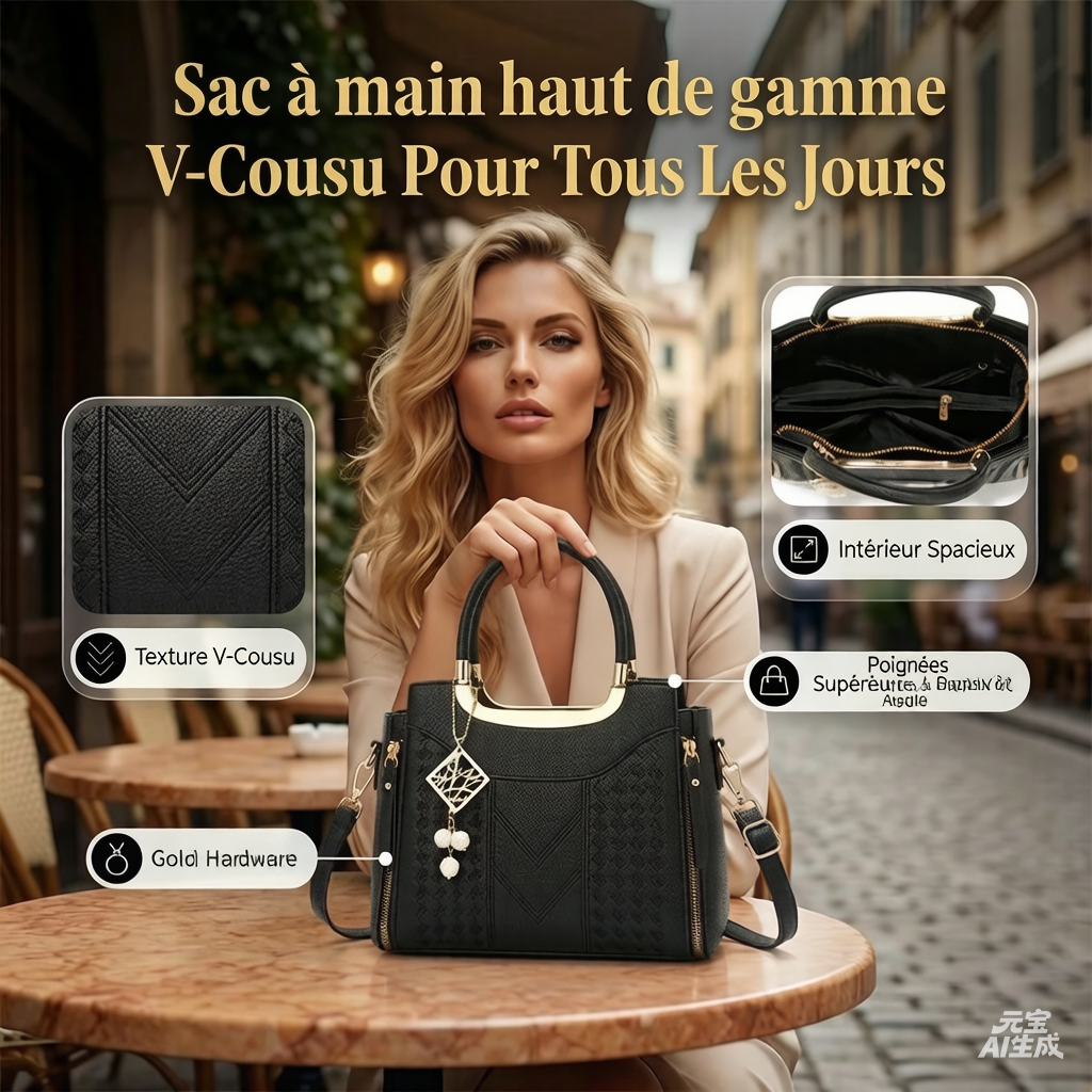 🌸👜 PROMO FLASH 50% ! Sac À Main Femme Élégant – Poignées & Bandoulière, Cuir PU, Texture Coutures en V, 8 Couleurs, Organisation Intelligente ✨