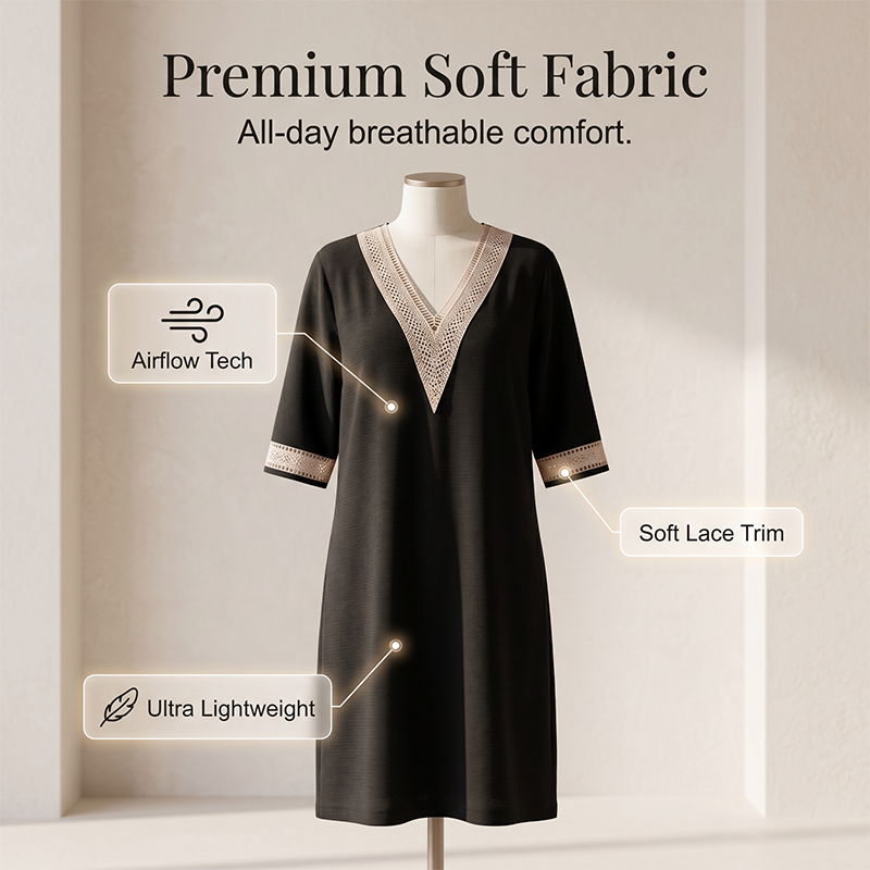 Robe en coton-lin à encolure en V et bordure en dentelle