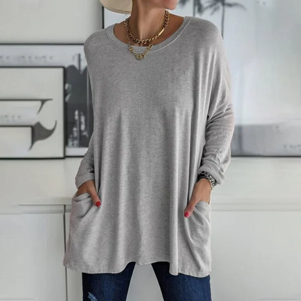🔥50% DE RÉDUCTION🔥 T-shirt ample femme à manches longues et col rond – Confortable et stylé 👕✨