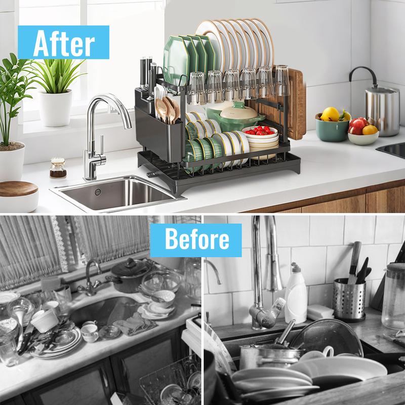 🍽️ 60% DE RÉDUCTION! ✨ Égouttoir à Vaisselle 2 Niveaux – Avec Plateau d'Égouttage, Gain de Place & Idéal pour les Cuisines Familiales 🏠